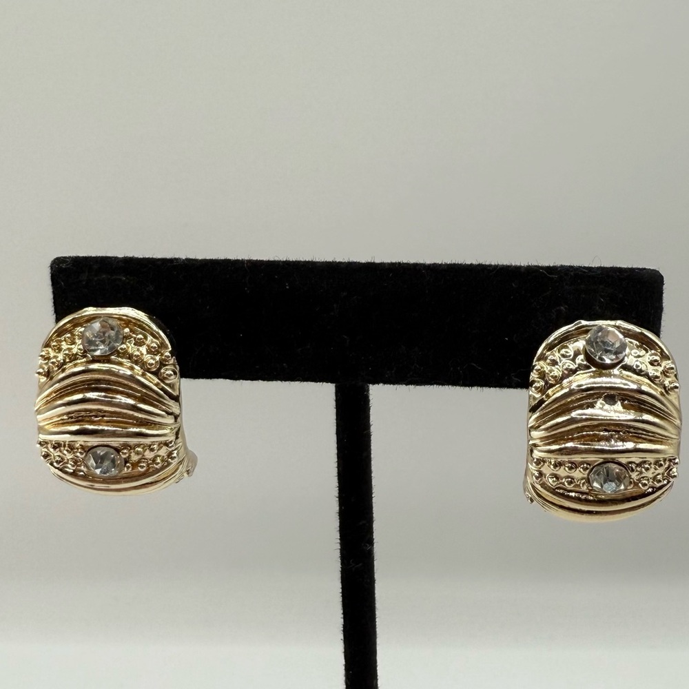 Vintage 80s Gold Dome Earrings | Ribbed Rhinestone Statement - Picture 4 of 14